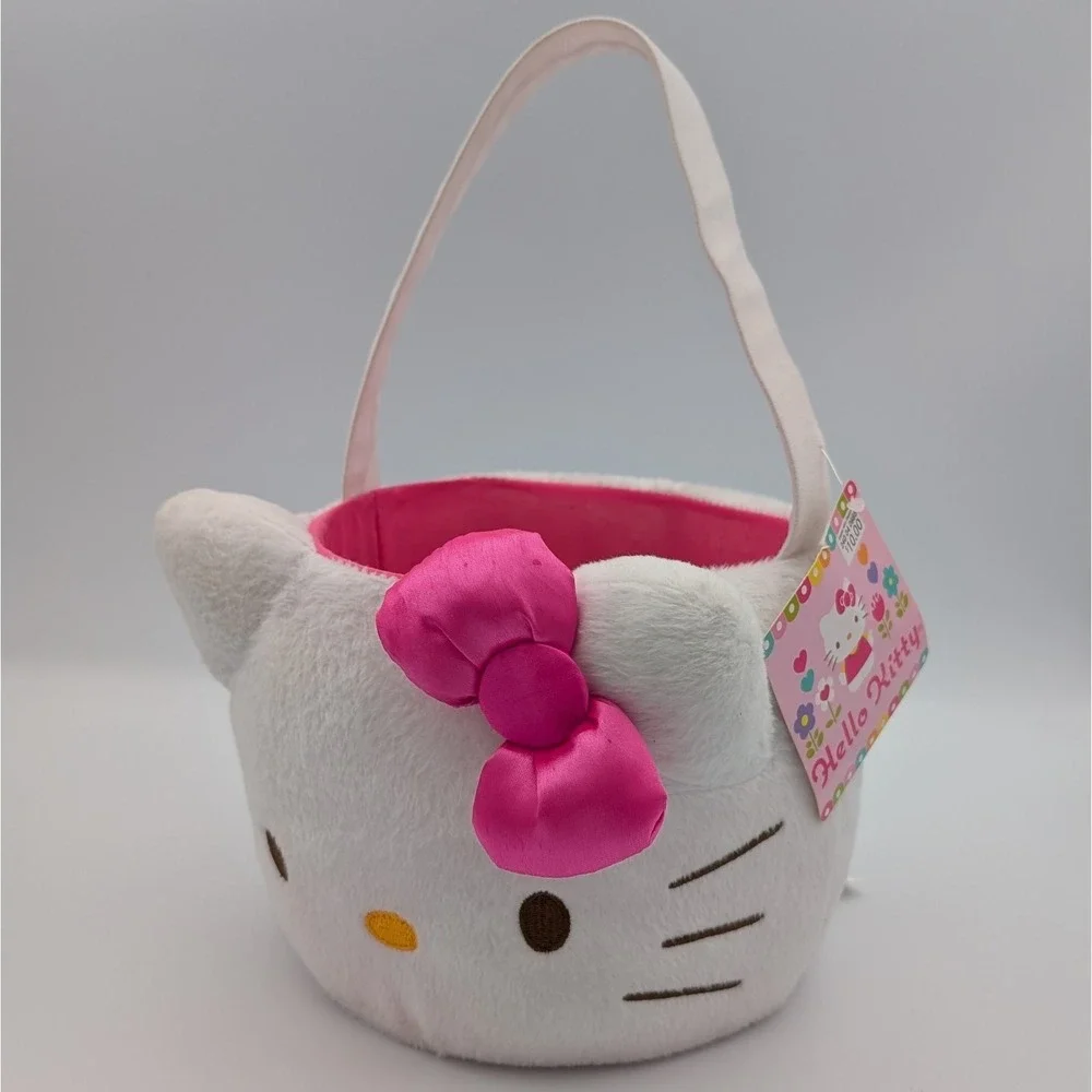 Sanrio Hello Kitty Plush Easter Basket Pink Bow White Faux Fur Character Bucket